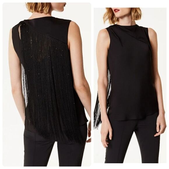 Karen Millen The Atelier Fringed Cutout Top In Black SIZE US 8 - Picture 1 of 12